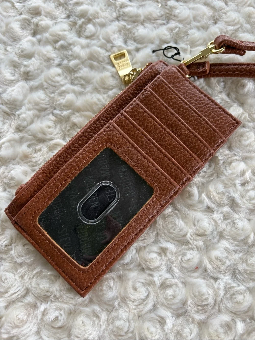 New Steve Madden Chestnut Brown Leather Wristlet Card Case with Strap Wallet